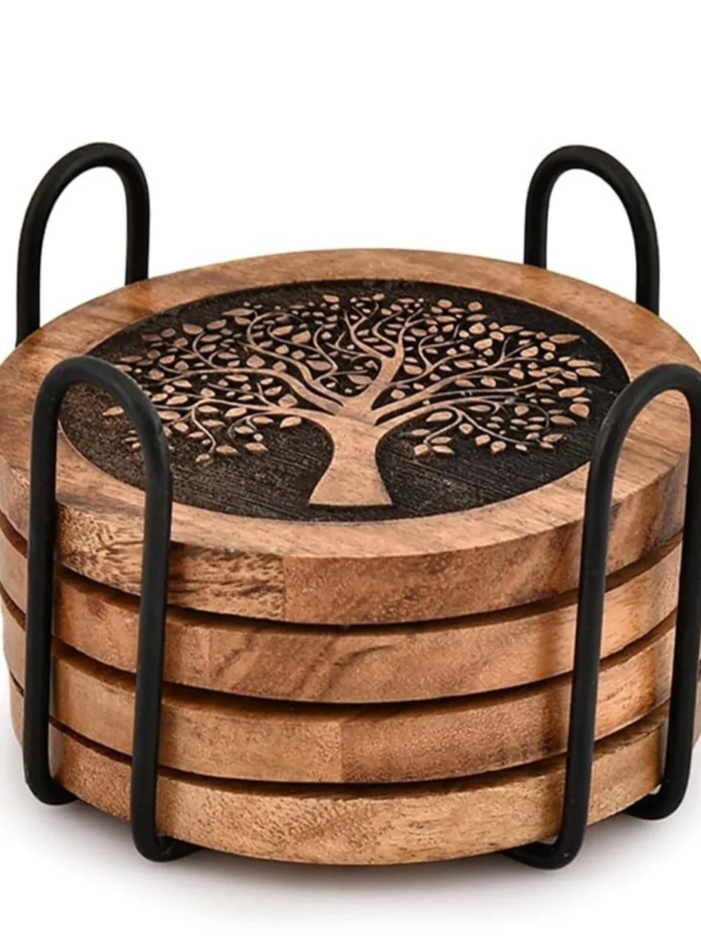 Wooden Tree Carved Coaster Set with Black Holder - Natural Brown